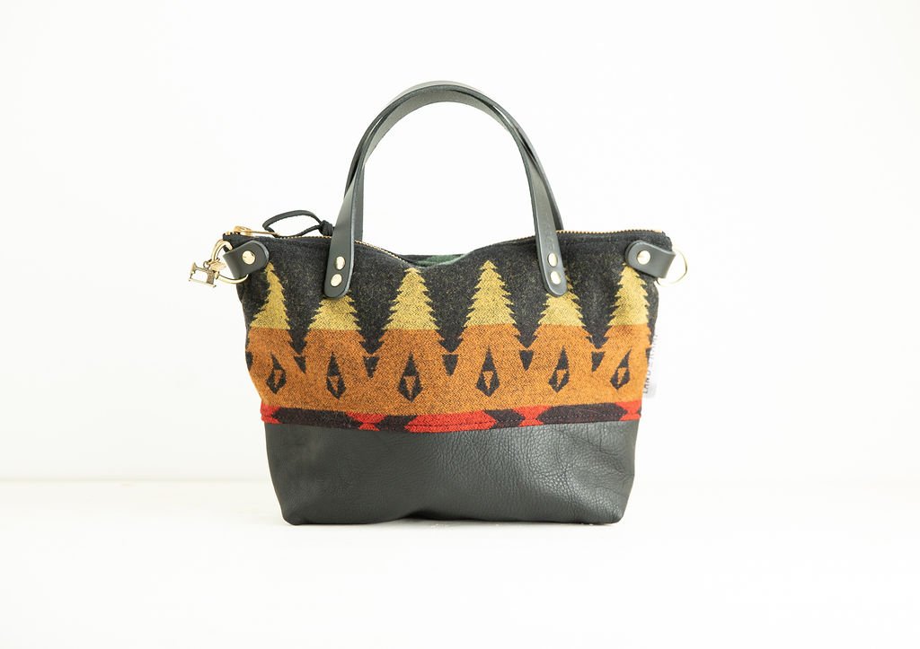 Handmade Tree Line wool Bitsy crossbody purse with black leather bottom and handles, crafted in Portland