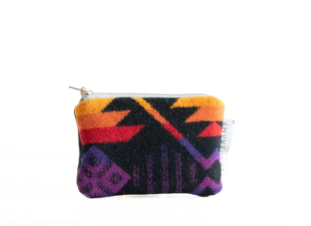 Handmade Coyote Butte Bright wool card pouch with vibrant geometric pattern, zipper, and leather pull, crafted in Portland