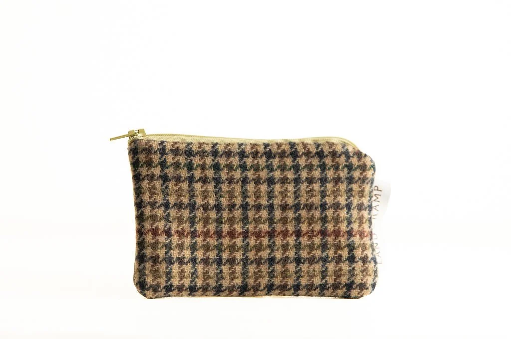Handmade Classic Houndstooth wool card pouch with zipper and leather pull, crafted in Portland