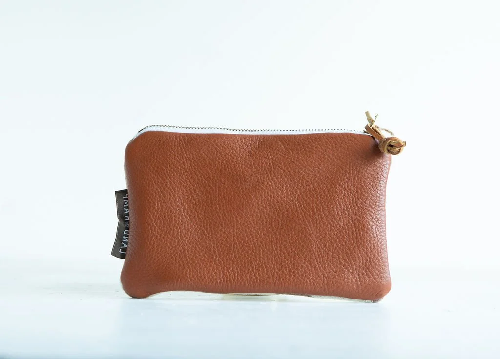 Backside Detail view of the Tucson Khaki wool pouch featuring YKK zipper and leather pull tag by Land & Kamp