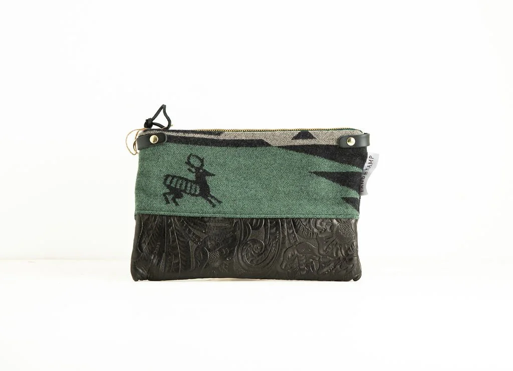 Handmade Forest Stag wool 3-in-1 wristlet purse with leather bottom and strap, crafted in Portland