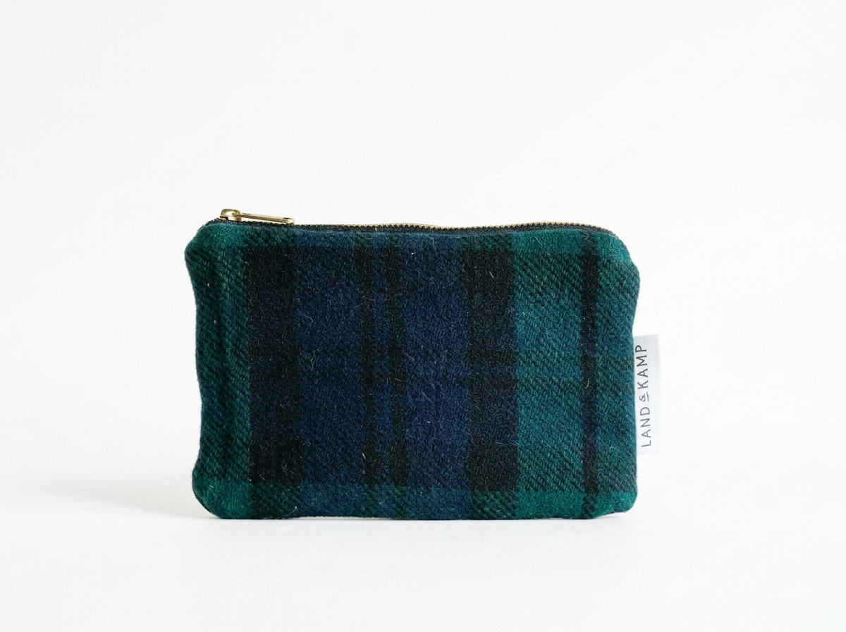 Handmade Black Watch Tartan wool carry all zipper pouch with premium leather back, crafted in Portland
