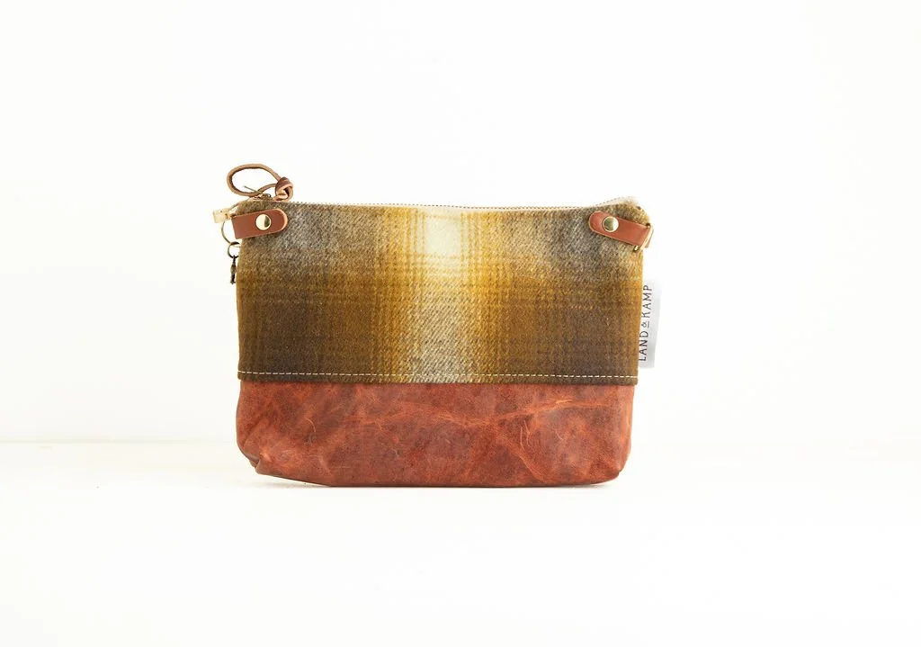 Handmade Pendleton Brown and Gold Ombre wool 3-in-1 wristlet purse with leather bottom and strap