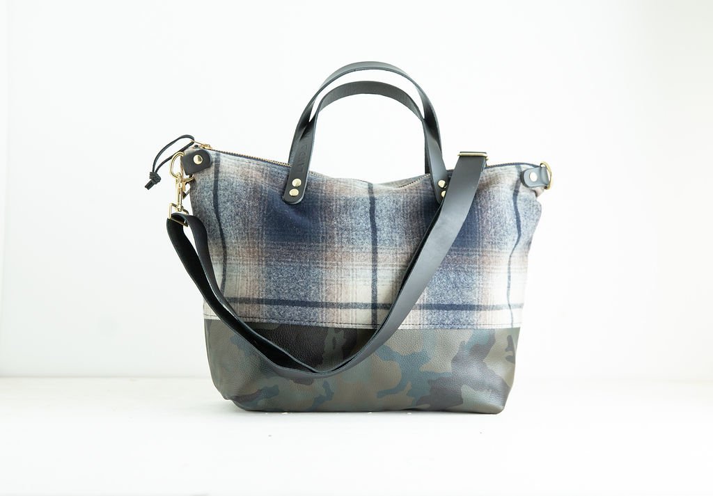 Blue and Khaki Plaid wool crossbody purse shown with detailed angles and top-grain leather handles