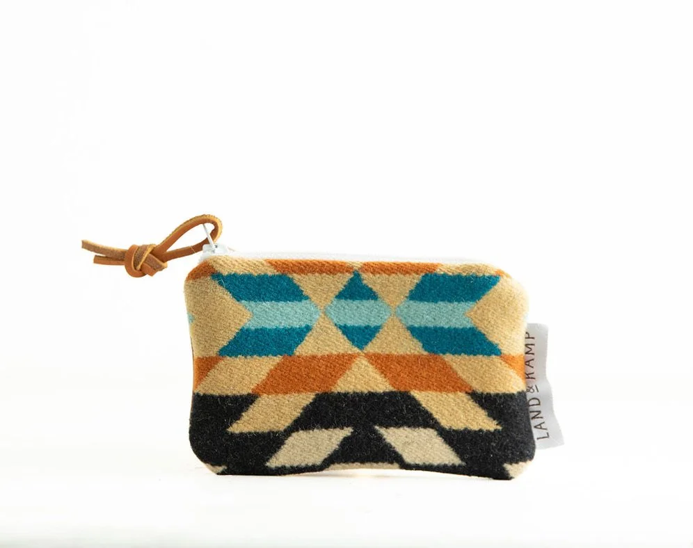 Handmade Rancho Arroyo Black wool card pouch with zipper and leather pull, crafted in Portland