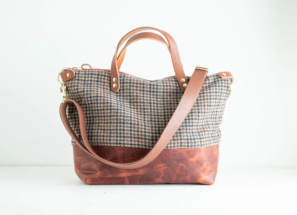 Classic Houndstooth wool crossbody purse shown with detailed angles and top-grain leather handles with detachable shoulder strap