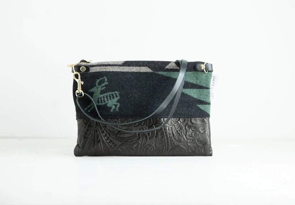 Stamped leather Detail view of the Forest Stag wool 3-in-1 wristlet bag featuring YKK zipper and leather trim by Land & Kamp