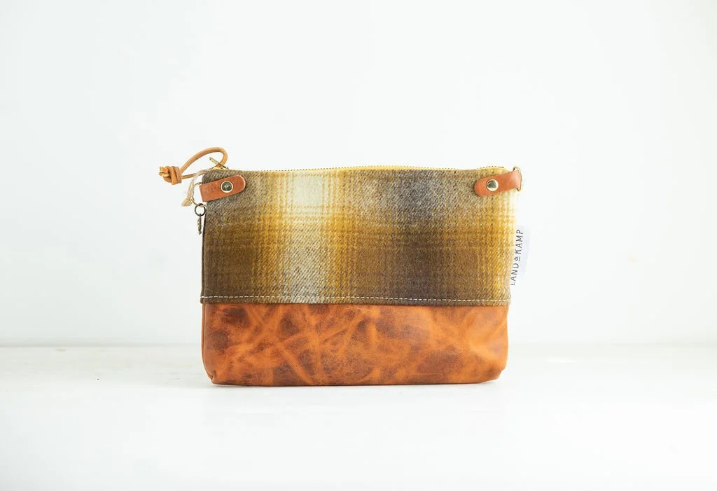 Handmade Pendleton Brown and Gold Ombre wool 3-in-1 wristlet purse with leather bottom and strap