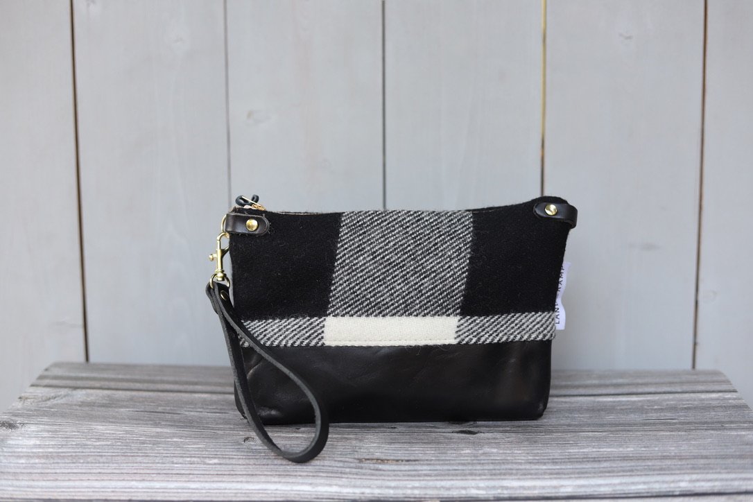 Handmade Black and White Plaid Pendleton Wool & Leather Crossbody Purse by Land & Kamp