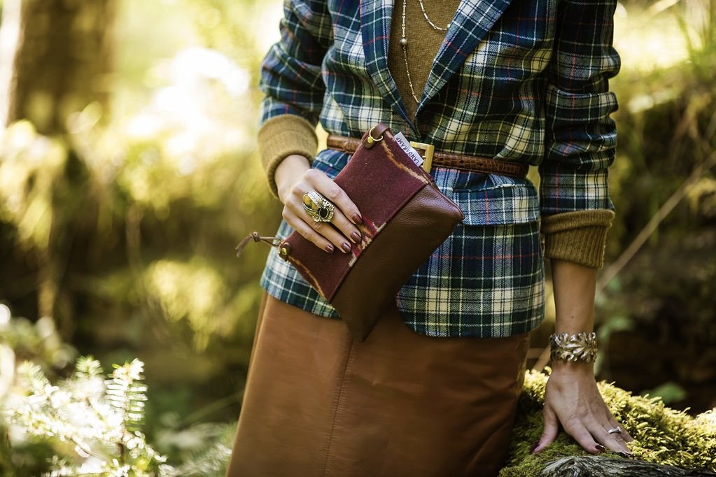 land and kamp's handmade wristlet purse made of Pendleton wool and leather