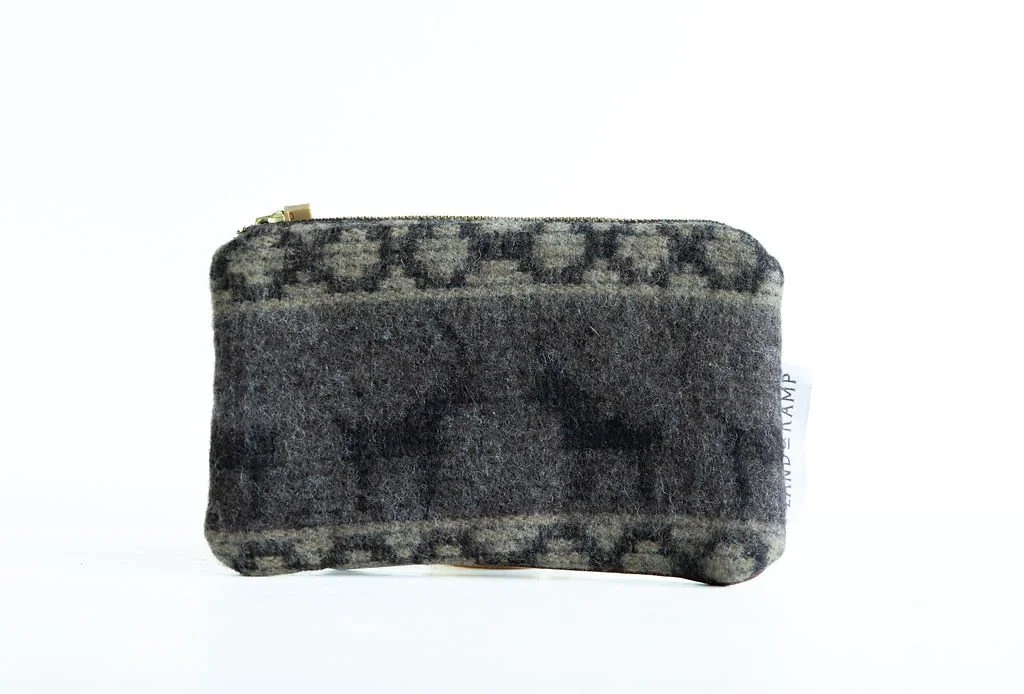 Handmade Wilderness wool carry all zipper pouch with premium leather back, crafted in Portland