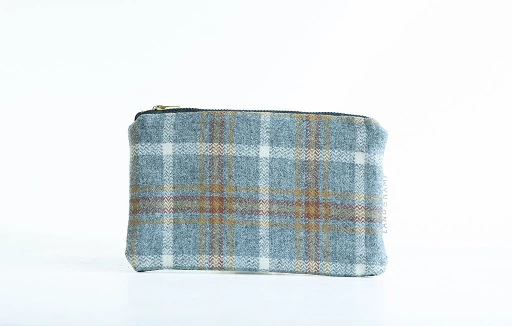Handmade Grey and Gold wool carry all zipper pouch with premium leather back, crafted in Portland