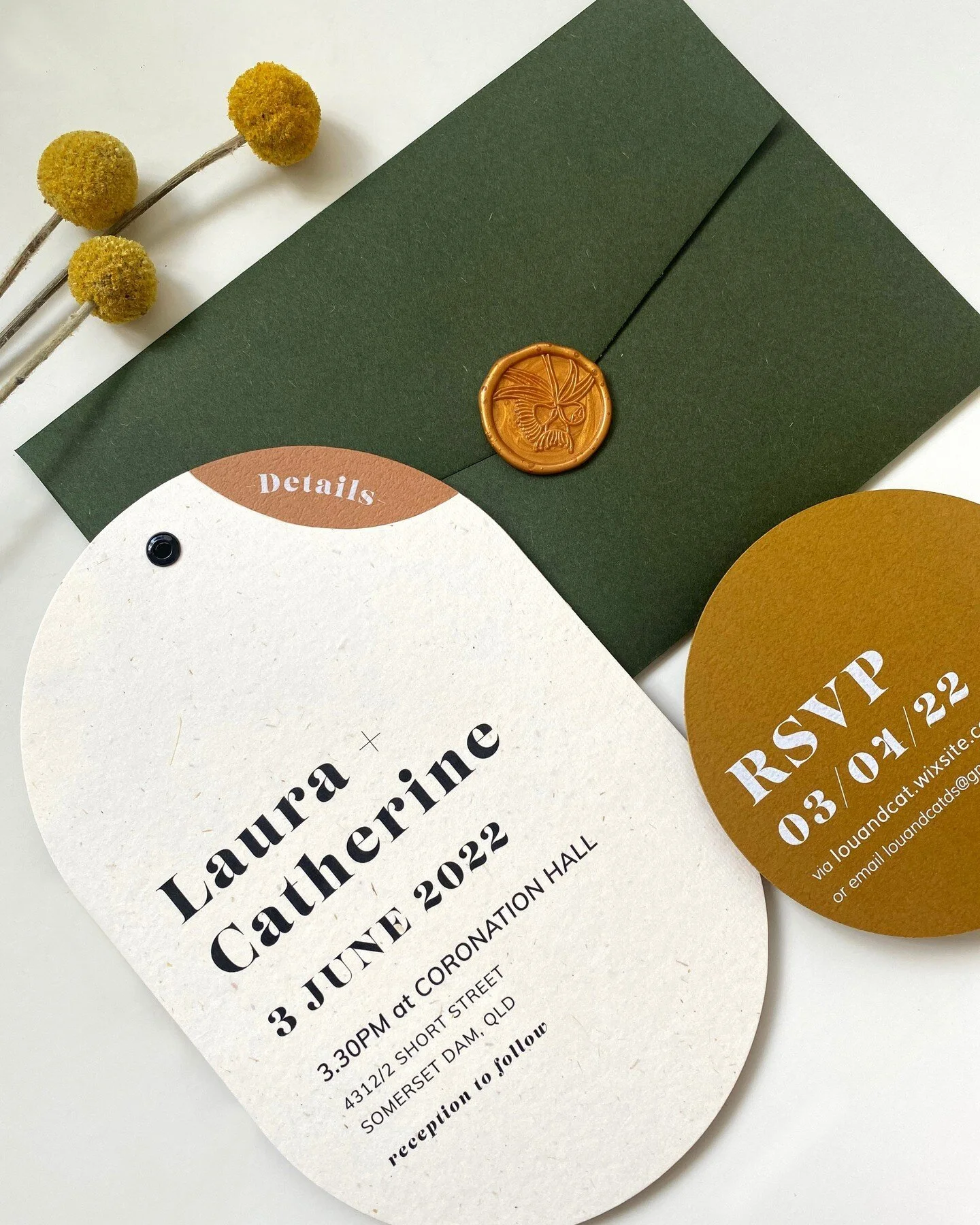 LAURA &amp; CATHERINE / ARIEL &amp; CATCHIE - A modern and quirky invitation suite. 
With a colour pallet inspired by the Australian Bush, I still can't get over this amazing combo of colours.

I said in my Save the Date post that I was playing aroun