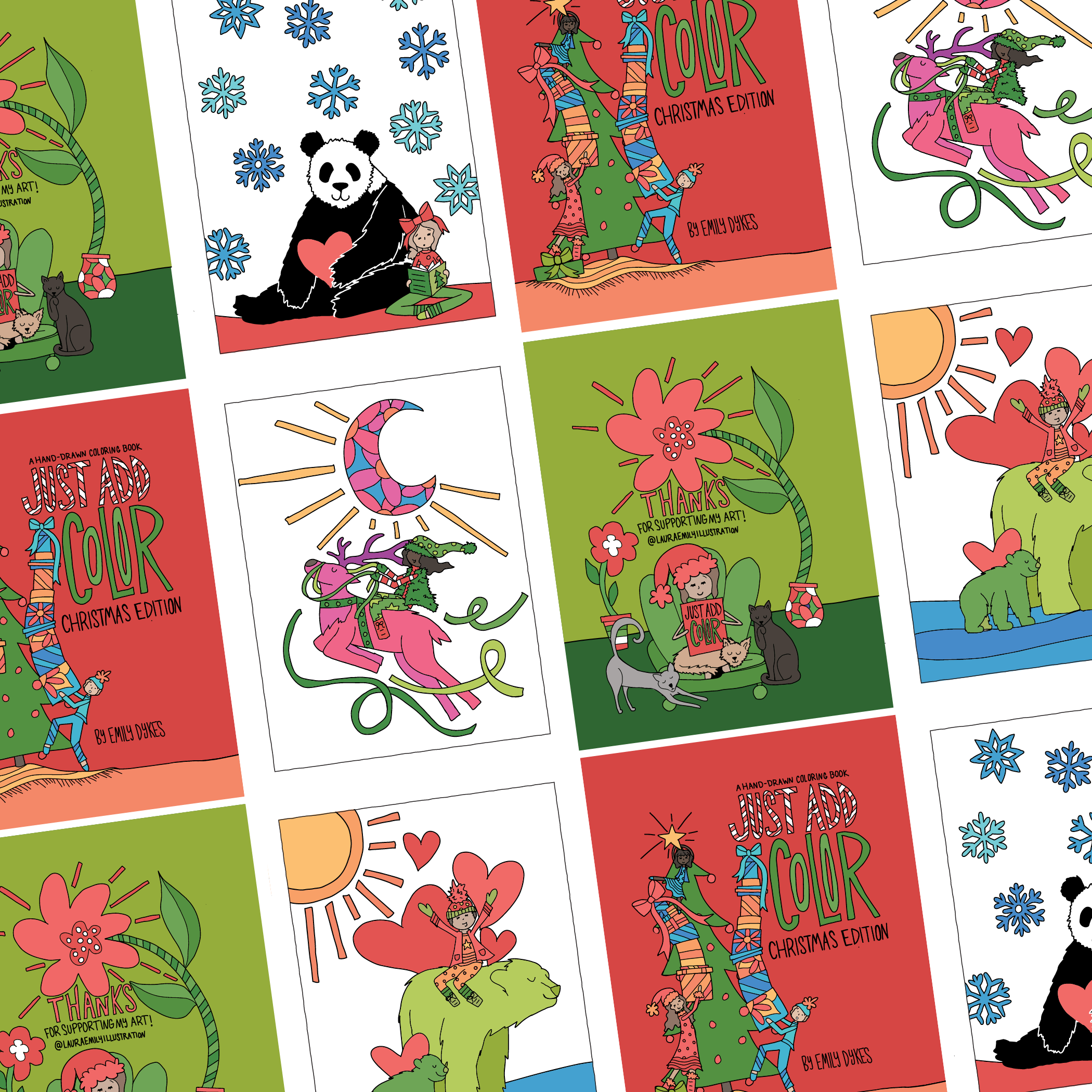 Collection of Christmas-themed coloring book covers with playful illustrations of animals and children, featuring festive designs, snowflakes, hearts, and holiday messages from the coloring book - Just Add Color - The Christmas Edition.