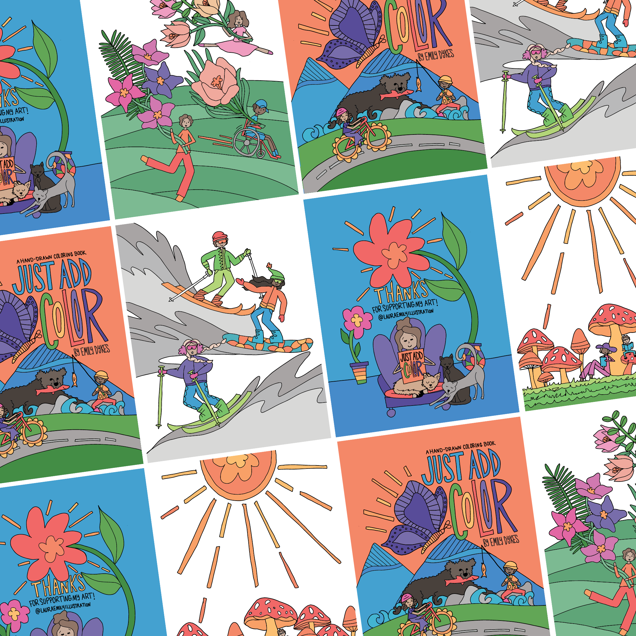 Colorful hand-drawn illustrations from a book titled "Just Add Color" by Emily Dukes, featuring scenes of people riding bikes, snowboarding, skiing, and hiking in outdoor nature settings, with floral and mushroom motifs, and a thank you note for supporting the artist.