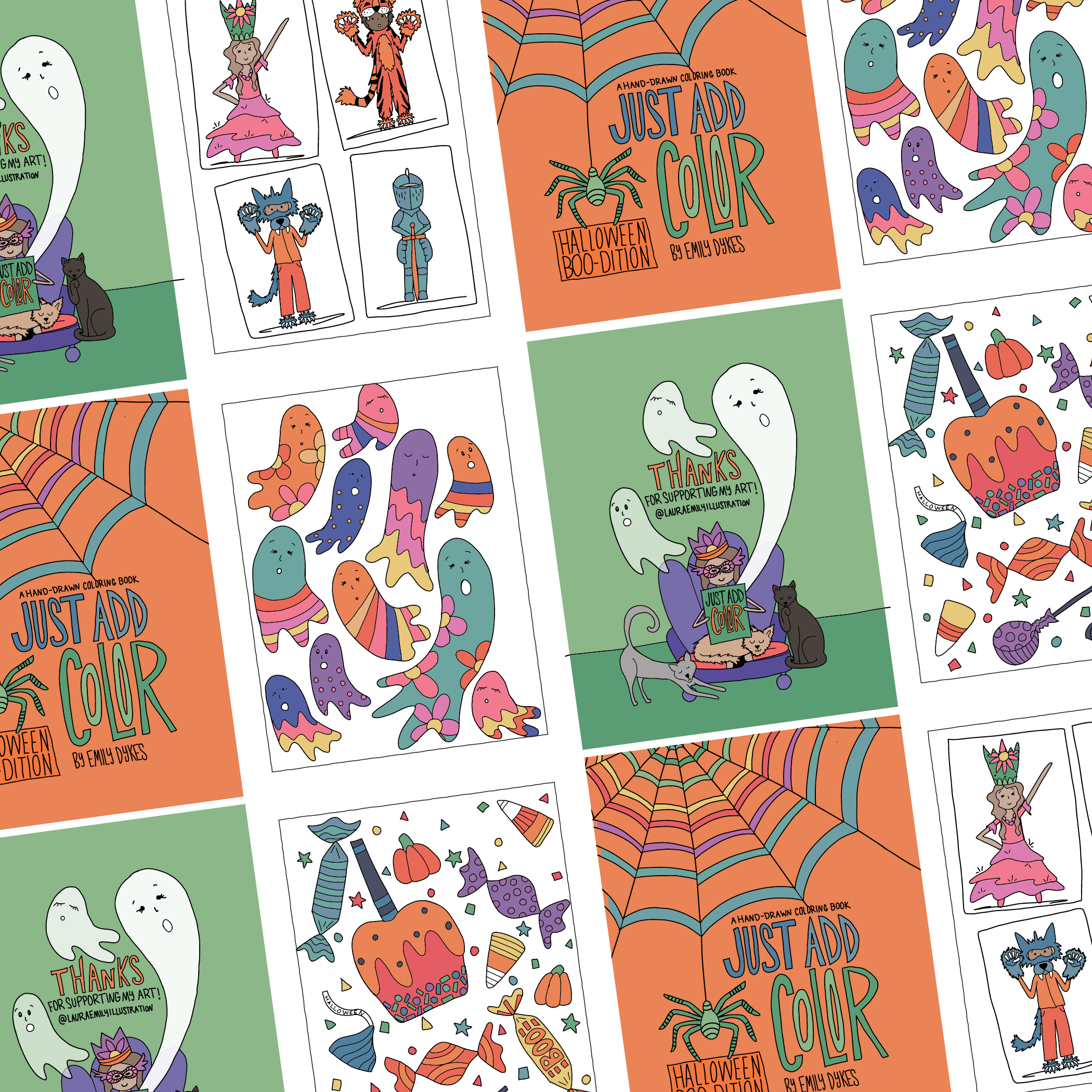 Colorful Halloween-themed coloring book covers and illustrations, including ghosts, monsters, witches, pumpkins, and Halloween costumes from the coloring book - Just Add Color - The Halloween Boo-dition (Boo edition).