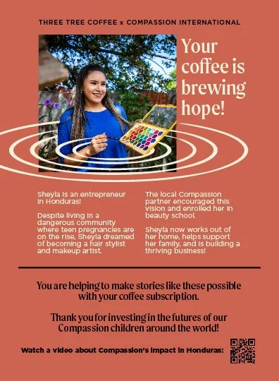 Compassion International Coffee Subscription Thank You Impact Card - delivered with the coffee order telling customers what they supported with their bean purchase.