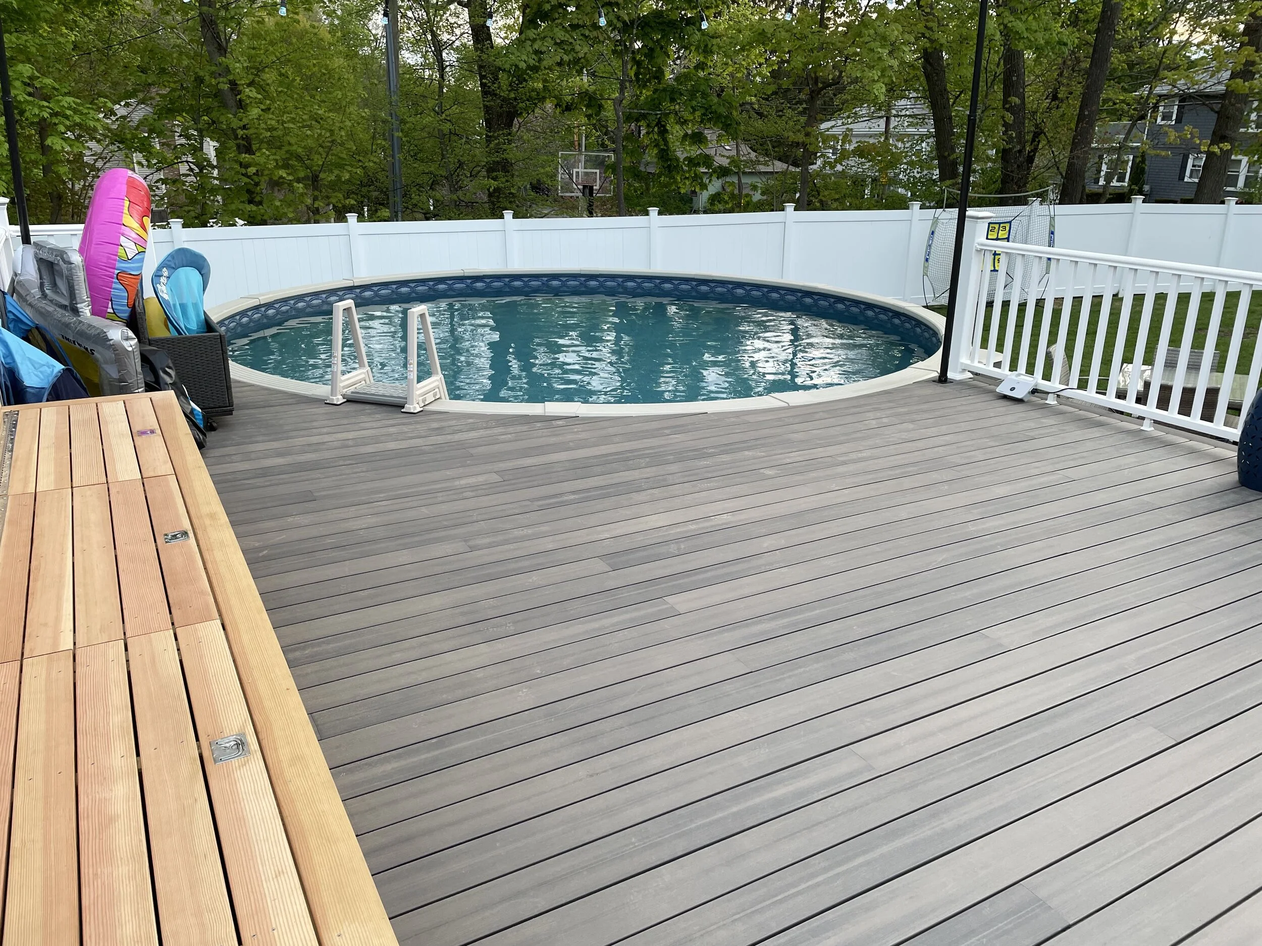 Pool Wrapping Deck, Custom Bench & Rock Climbing Wall