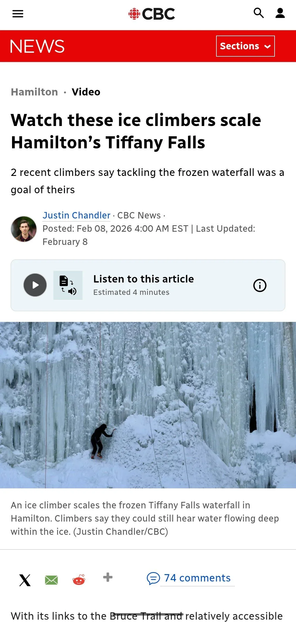 CBC News covers our new ice climbing program at Tiffany Falls!
