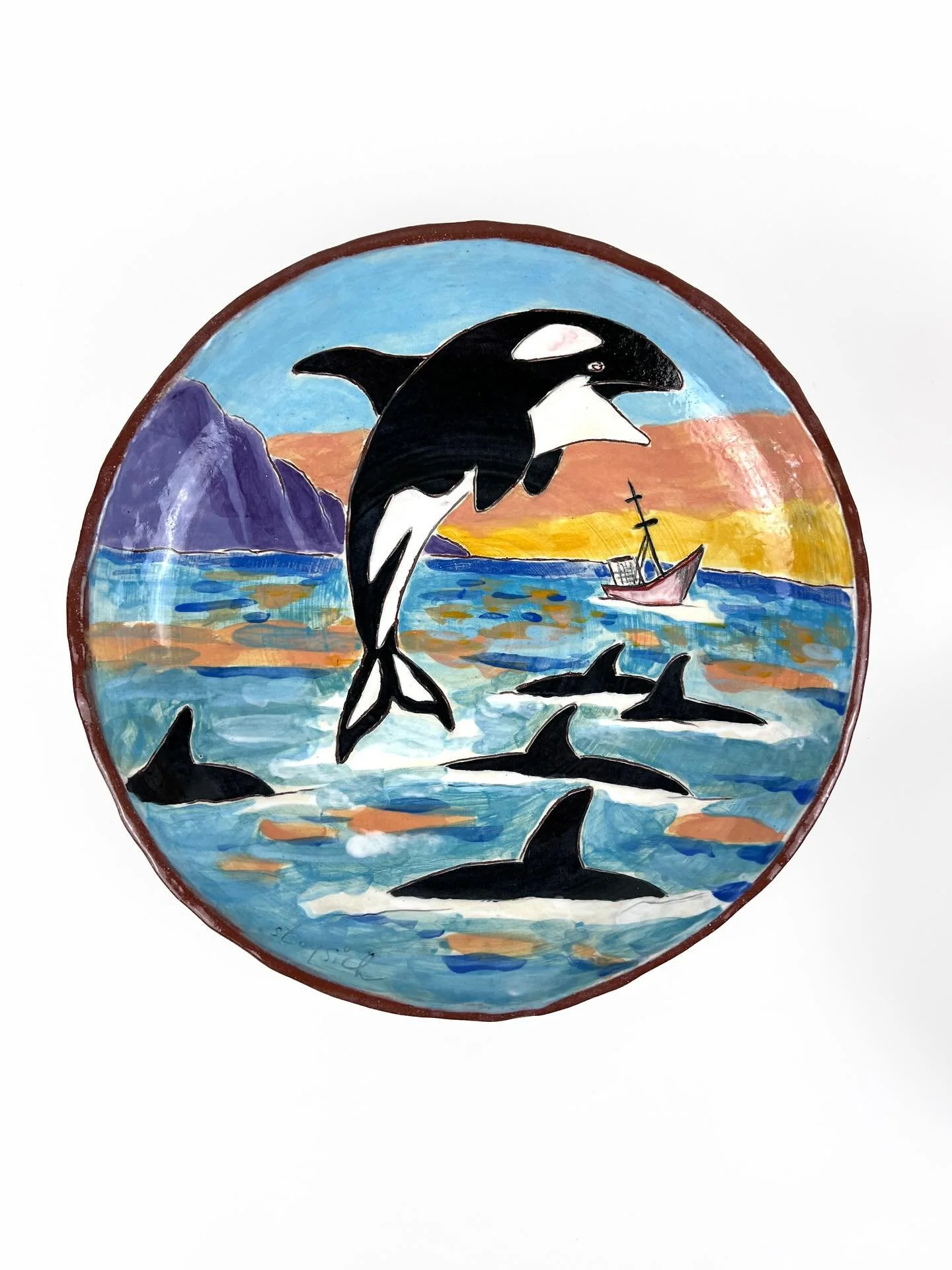 My contribution for the @pottersforpalestine auction 🇵🇸 (We&rsquo;re live!)

DETAILS:
Name: Anna Stoysich
Title: Orcas and Sinking Yacht Bowl Plate
Materials: Earthenware, underglaze

Dimensions: 9.5&rdquo; X 9.5&rdquo; X 1.5&rdquo;

Retail price: 