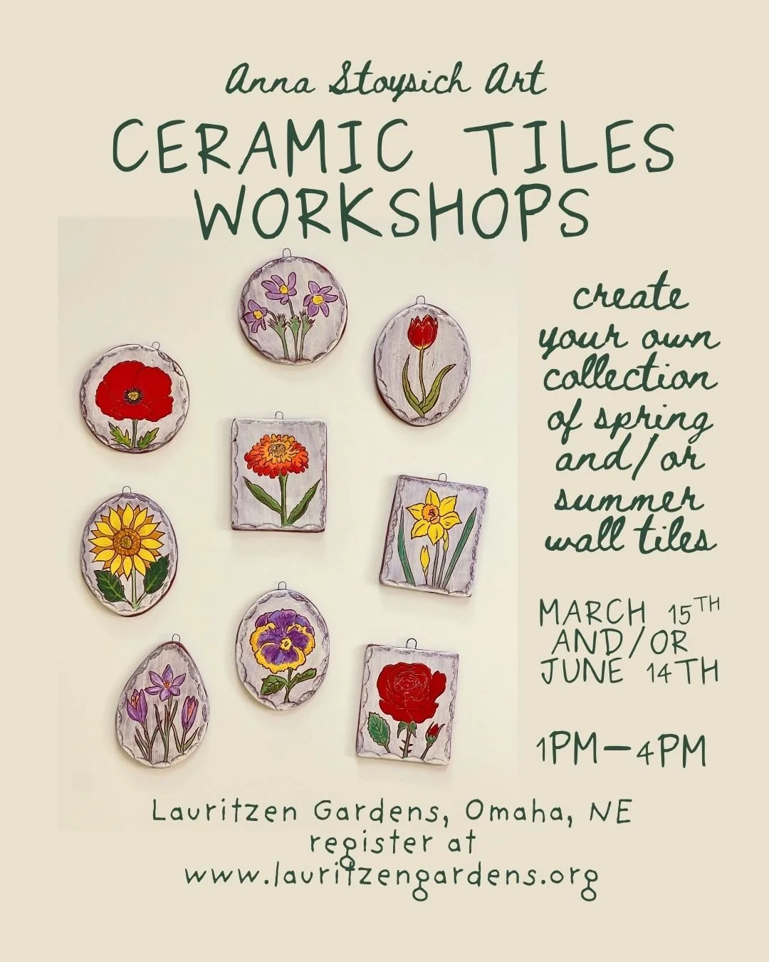 Workshops Announcement! 

Learn the sgraffito process and use colorful glazes to make your own collection of spring and summer wall tiles.

Lauritzen Gardens
Omaha, NE

March 15th and/or June 14th
1-4pm

Registration links in my bio or go check out @