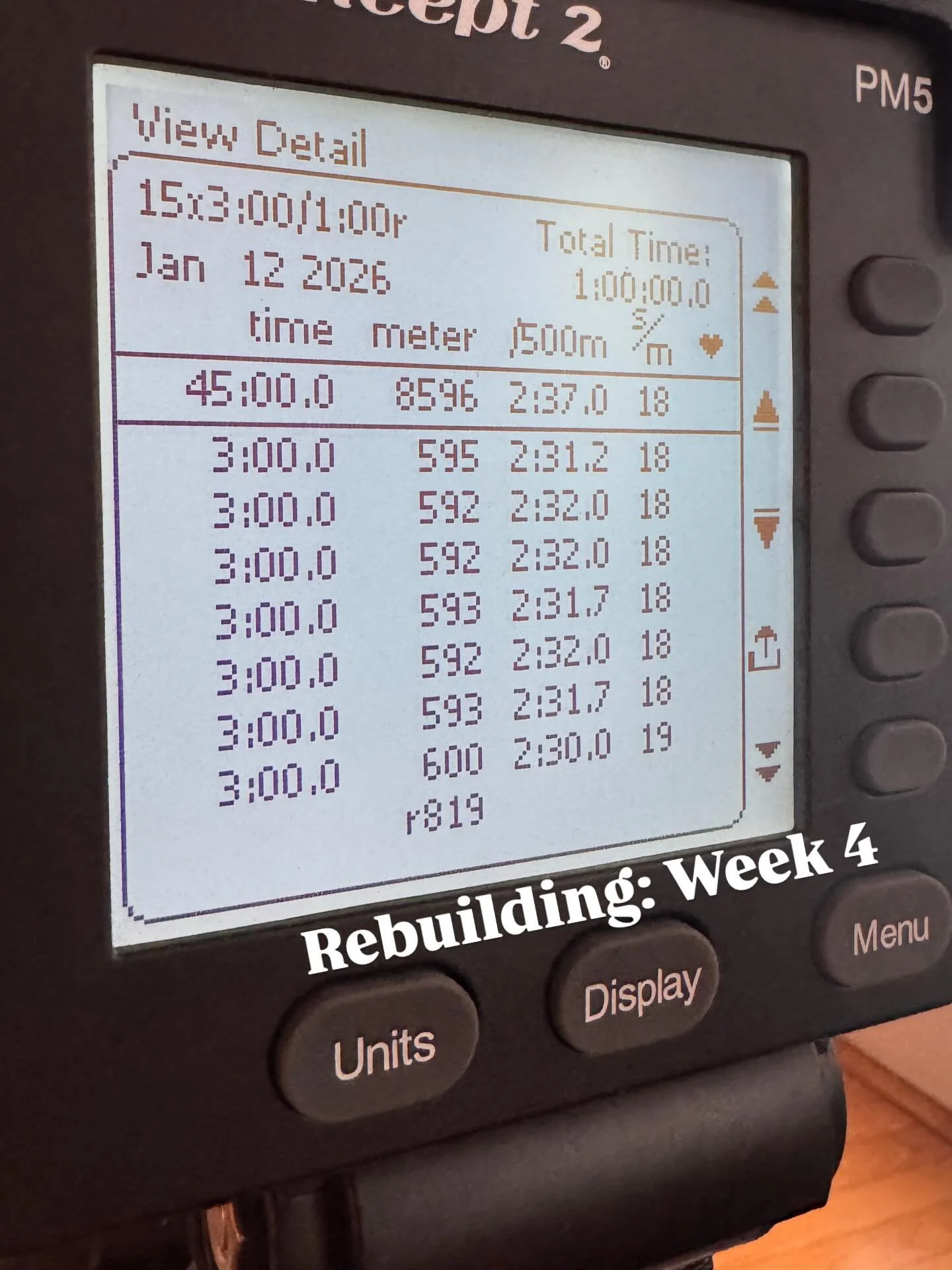 Rebuilding Week 4: An hour on the erg normally feels like an eternity for me, and when the winter training plan calls for 15x3&rsquo; on/1&rsquo; off I didn&rsquo;t think it would be any different. But moving into my fourth week of consistent trainin