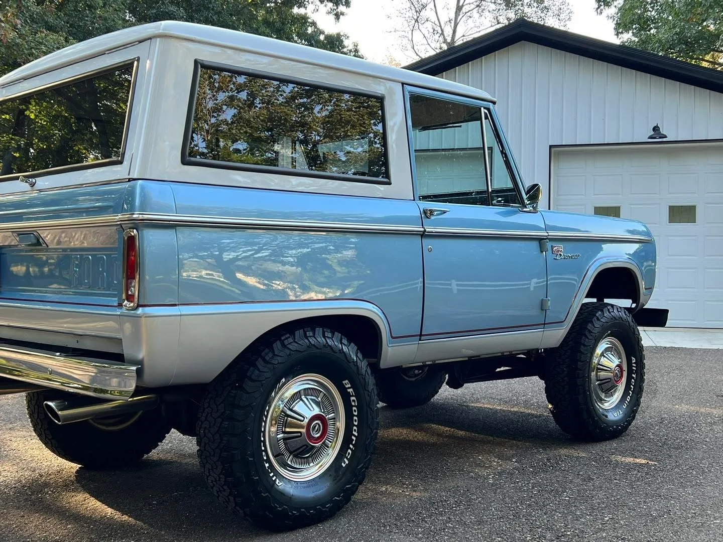 A vintage blue Bronco after professional detailing
