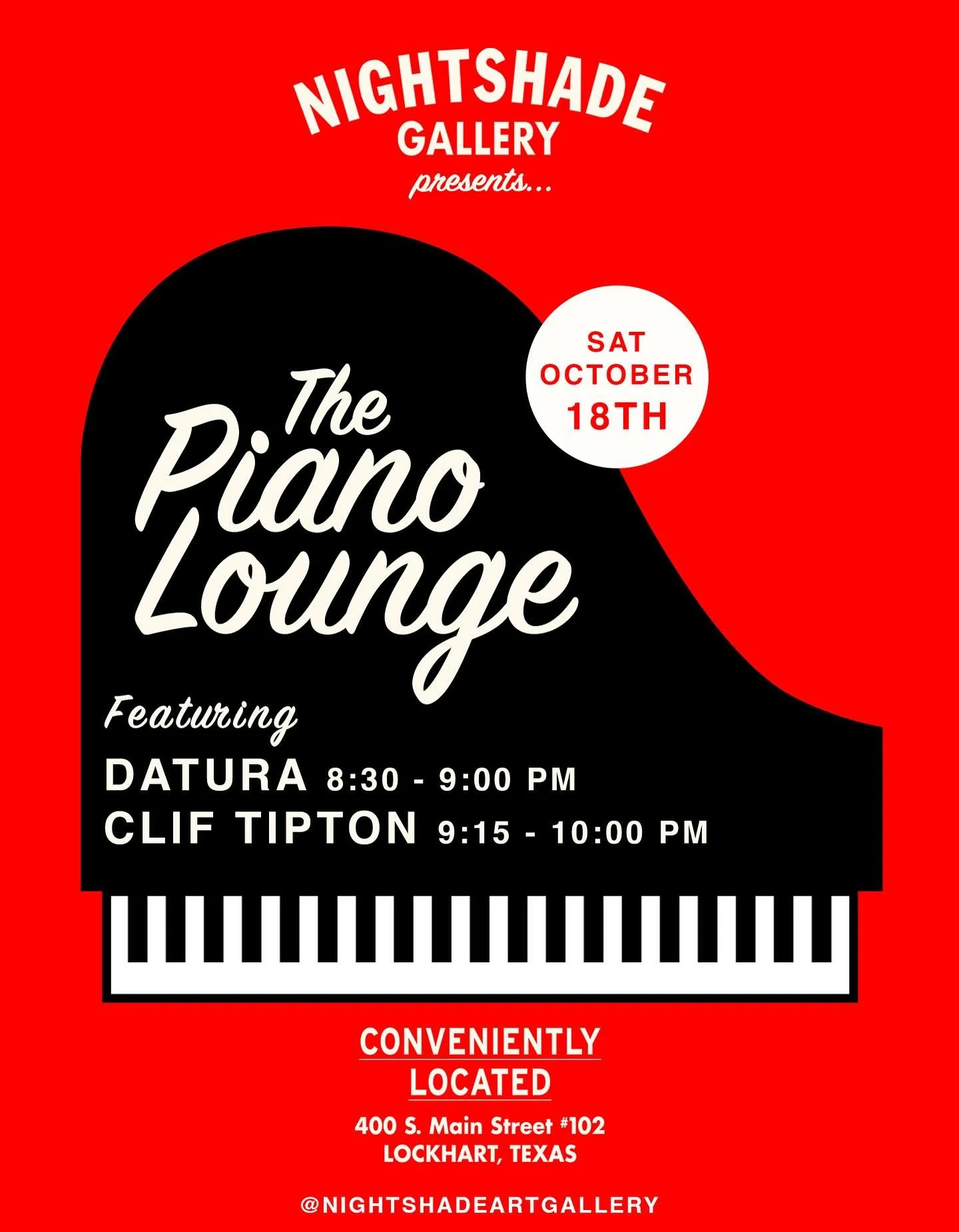 The Piano Lounge is back this OCTOBER 18th🌙
Mark your calendars.
You do NOT want to miss this one.

Doors at 8pm
8:30p @___datura 
9:15p Clif Tipton of @bluesqueezebox 

PLUS your last weekend to see Lee Bullock&rsquo;s Psychological Landscapes 🖤 a