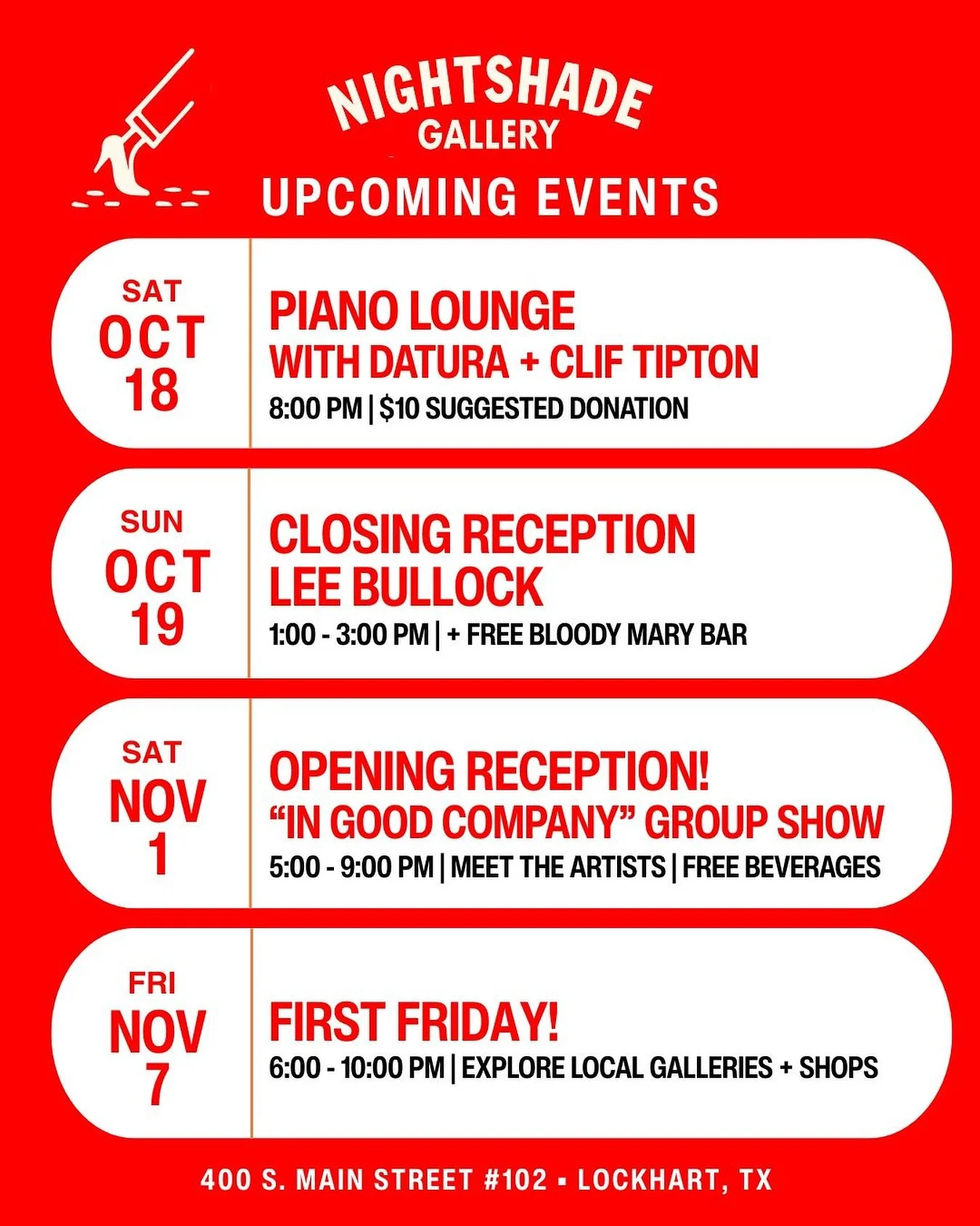 Help me baby Jesus!
We&rsquo;ve got a full lineup at Nightshade coming up!
Music, art, closing receptions, a brand new group show (!!!!) and a good ol&rsquo; First Friday to top it off.

🎹 Sat 10/18 - Piano Lounge w/ Datura + Clif Tipton
🍅 Sun 10/1