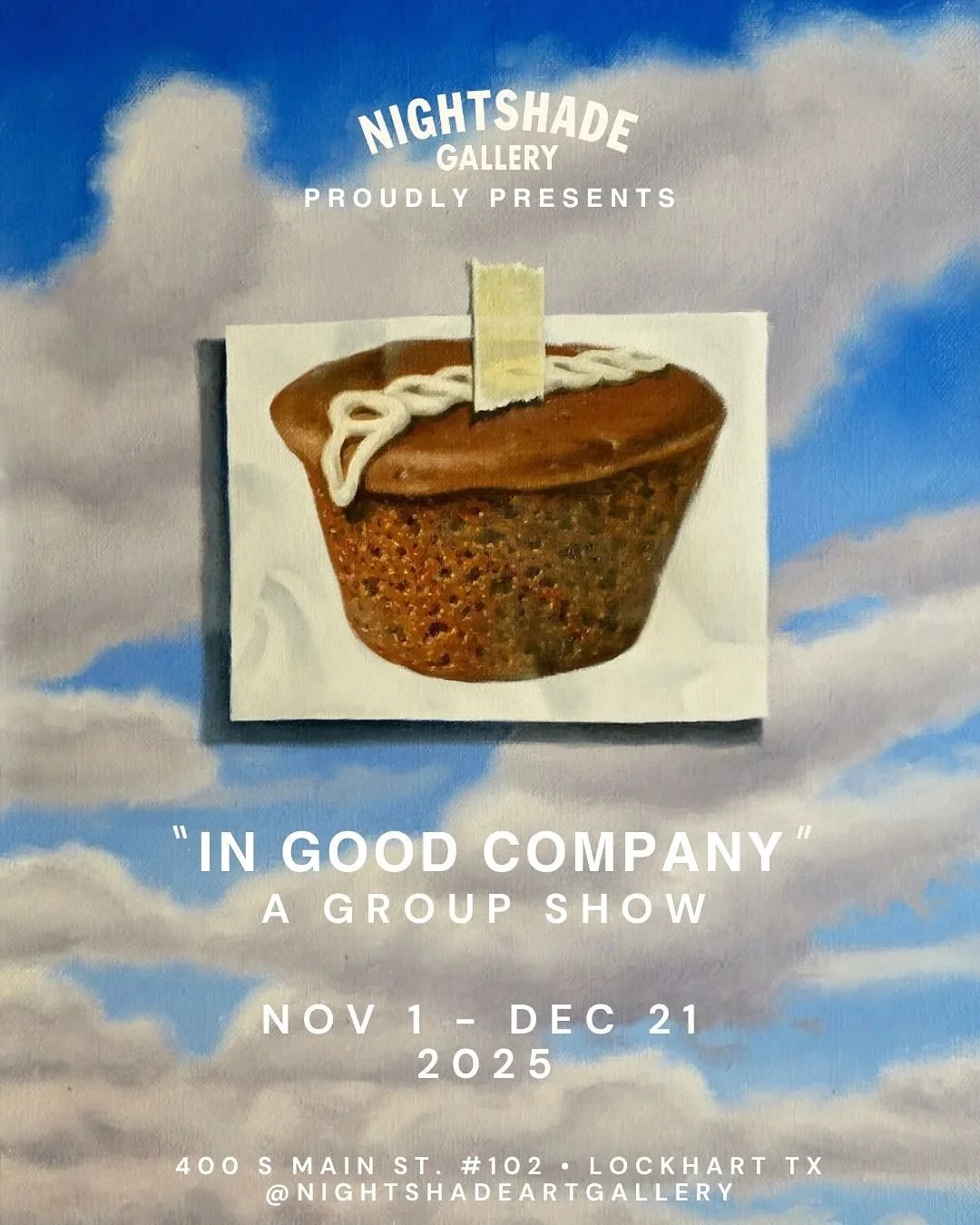 &ldquo;IN GOOD COMPANY&rdquo;
A group show at Nightshade Gallery
🗓 OPENING SAT. NOV 1 &bull; 5pm-9pm
📍 400 S. Main St. #102 | Lockhart, TX

Good company can mean a lot of things&hellip;shared laughter with friends, quiet moments alone, familiar lan
