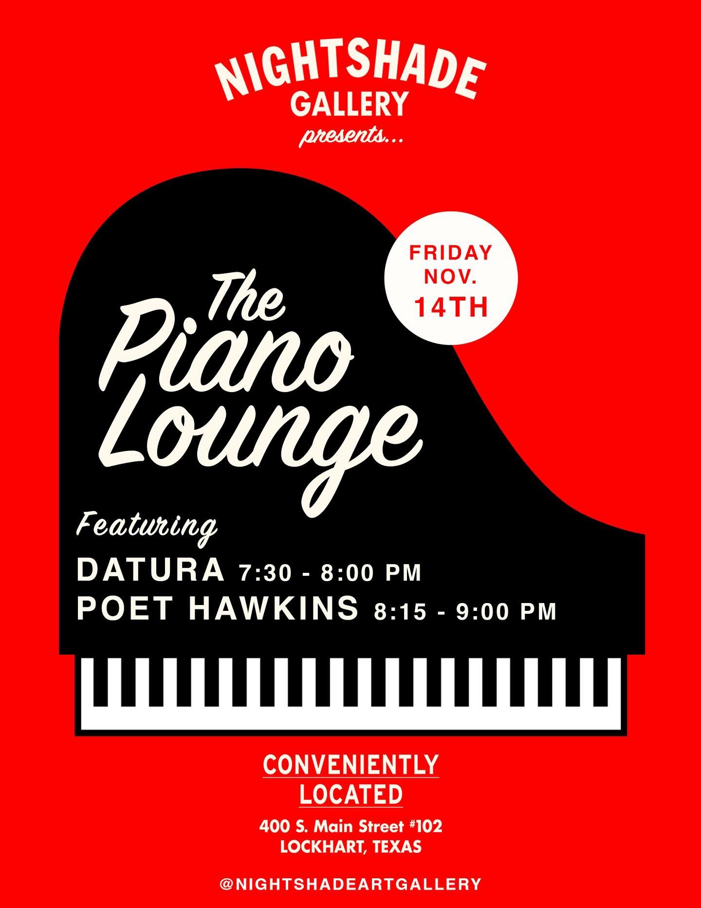 The sun&rsquo;s setting early, so we&rsquo;re starting early too.
Piano Lounge this Friday under the red neon light 🌙
Doors at 7
7:30 - 8:00 Datura (@___datura )
8:15 - 9:00 Poet Hawkins (@poethawkins)
Complimentary bevvys &bull; $10 suggested donat