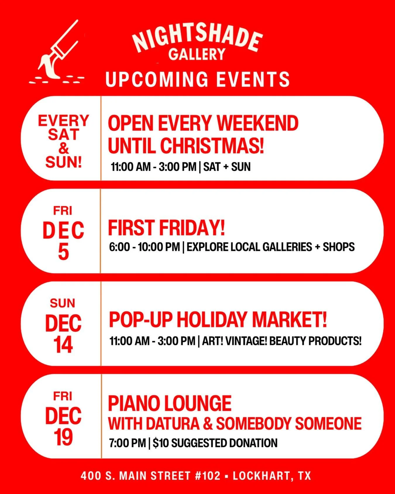 Holiday season at Nightshade! 🎁✨
Markets, music and the final month to catch In Good Company!!

📍400 S. Main St #102, Lockhart, TX
❄️ Shop small &bull; Shop local &bull; Shop art!❄️

#NightshadeGallery #LockhartTX #HolidayEventsTX #SupportSmallBusi