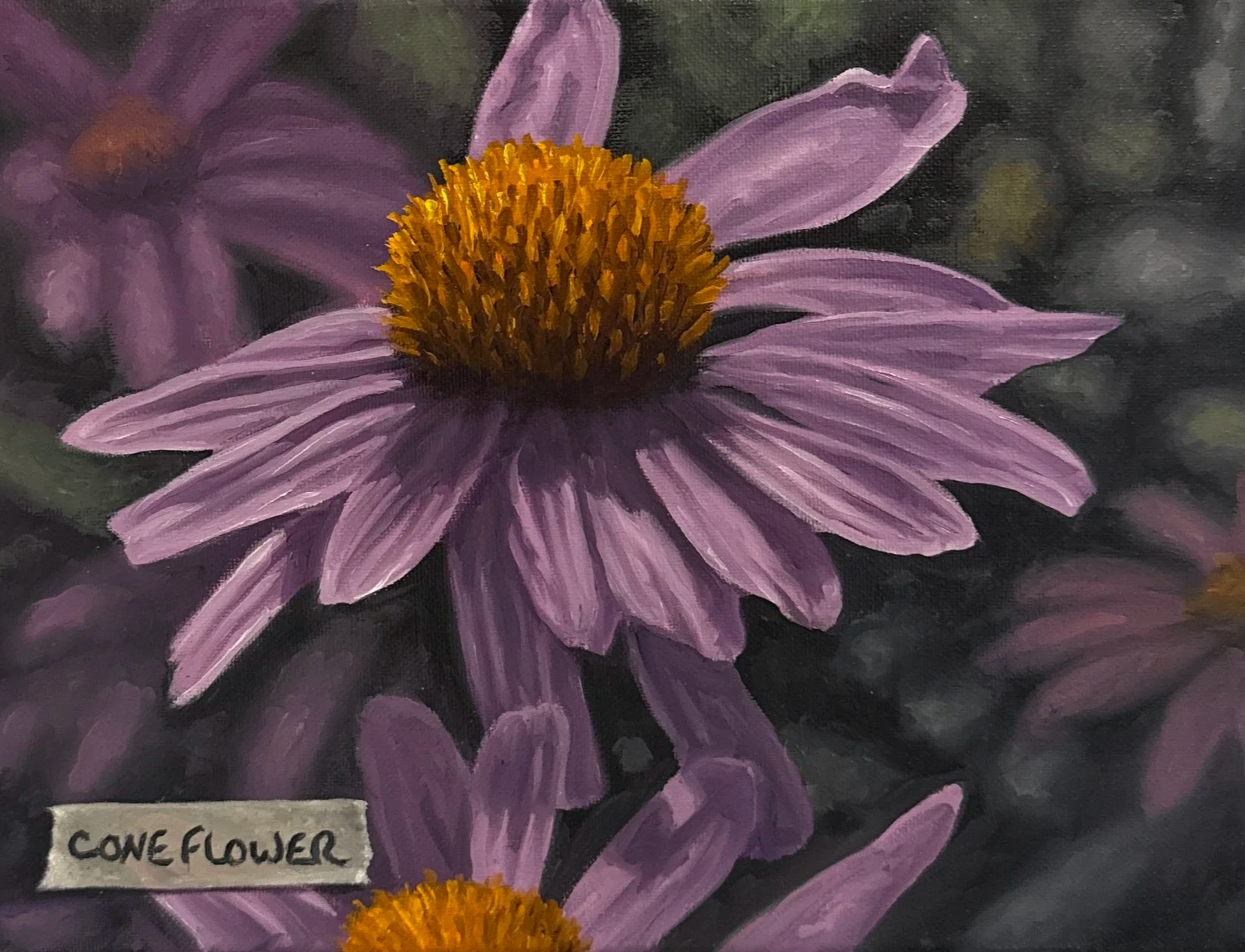 MICHAEL PYRDSA "CONE FLOWER WITH TAPE 1" - OIL ON CANVAS - 9"X12" - $300