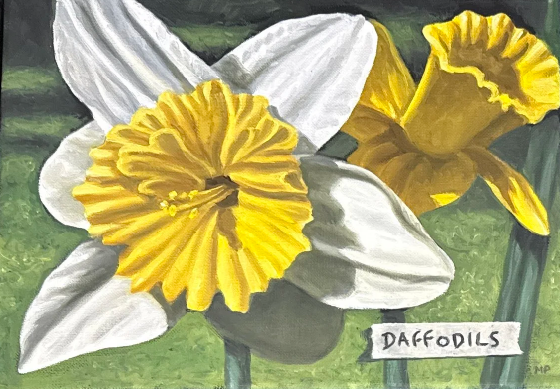 MICHAEL PYRDSA "DAFFODILS WITH TAPE" - OIL ON CANVAS - 9"X12" - $300