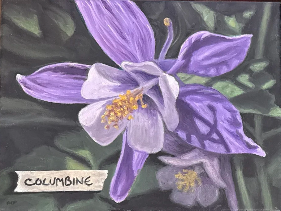 MICHAEL PYRDSA "COLUMBINE WITH TAPE" - OIL ON CANVAS - 8"X10" - $300