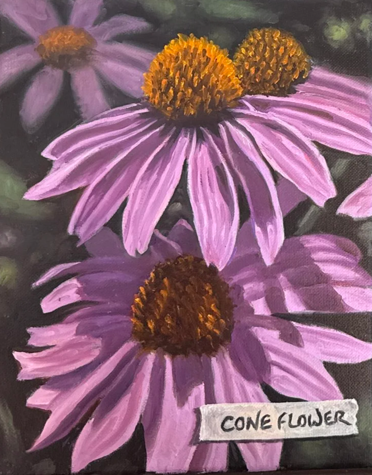 MICHAEL PYRDSA "CONE FLOWER WITH TAPE" - OIL ON CANVAS - 10"X8" - $300