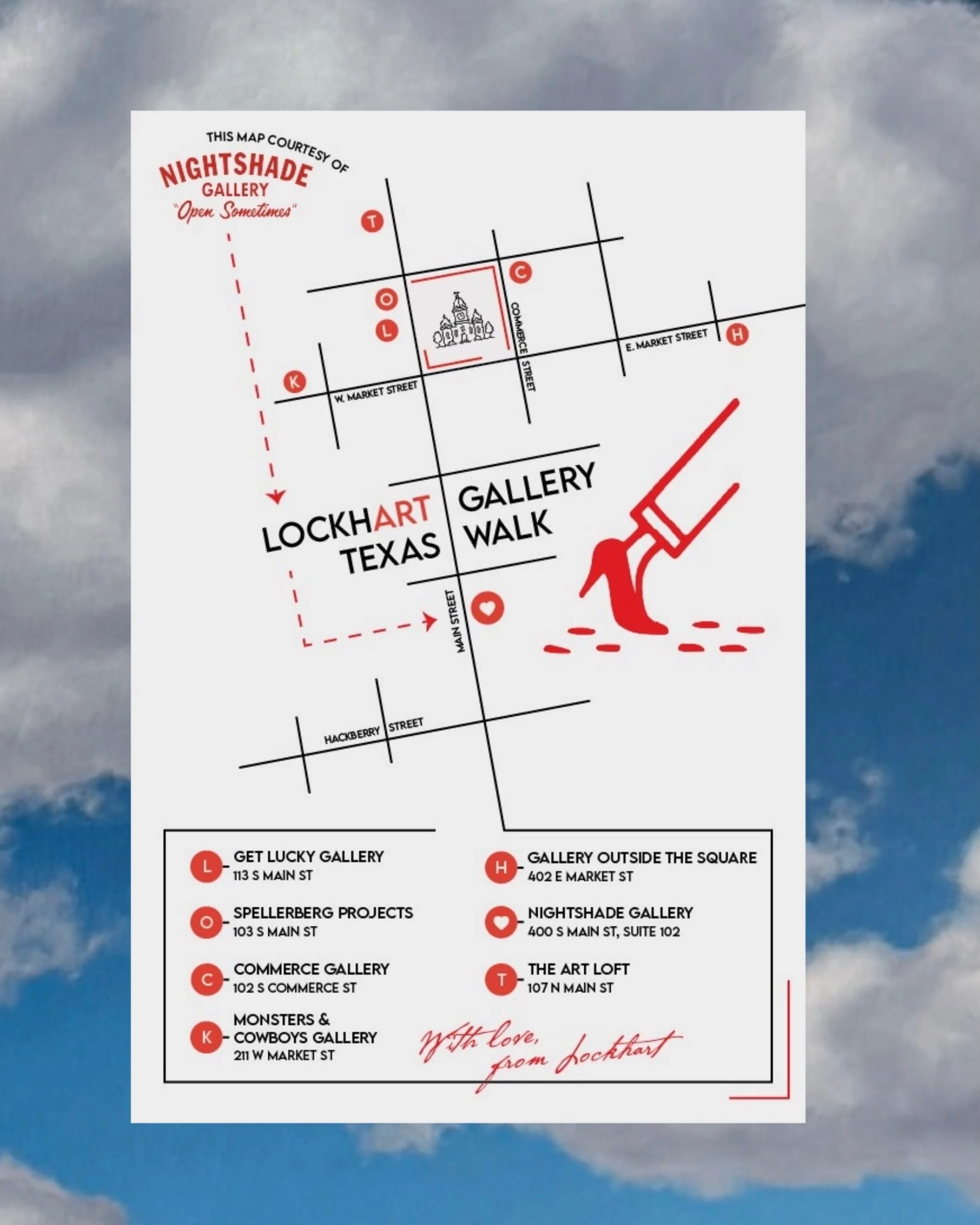 First Friday is upon us and we&rsquo;ve mapped out your art walk. Put on your best boots and see you there❣️

👢Commerce Gallery @commercegallery 
👢Gallery Outside the Square @galleryoutsidethesquare 
👢Get Lucky Gallery @getluckygallery 
👢Monsters
