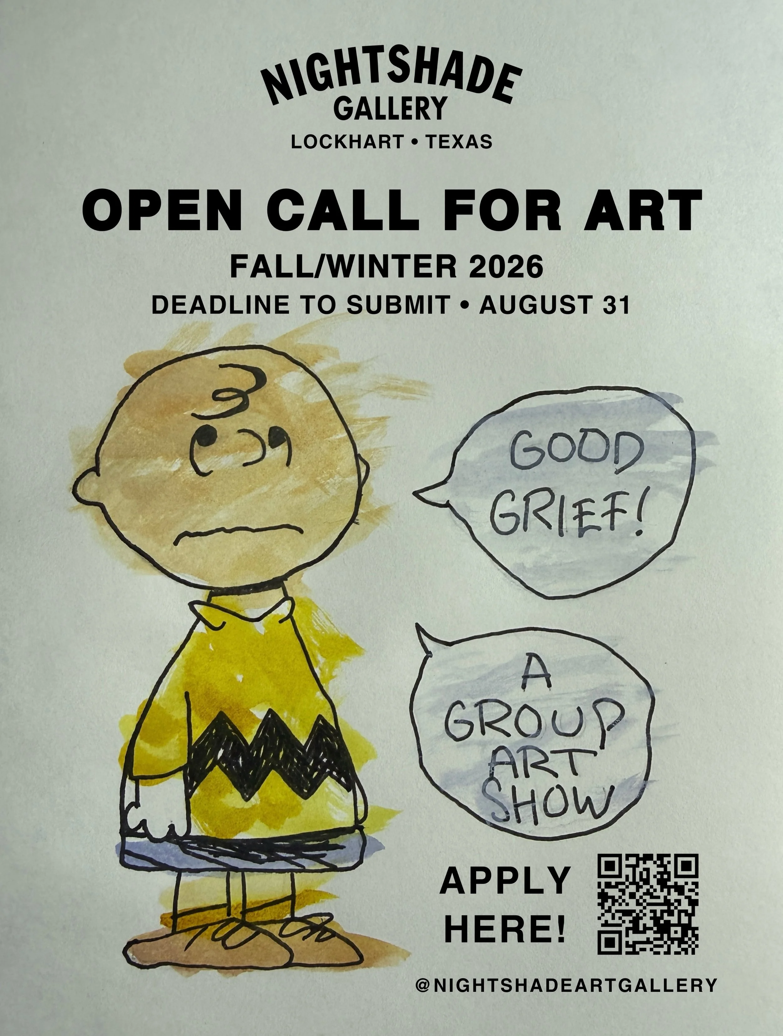 GOOD GRIEF!! IT&rsquo;S THE FINAL WEEK TO APPLY! 🏈 🍂 

Calling all artists, all mediums &amp; all PEANUTS fans! 

Nightshade Gallery is accepting submissions for GOOD GRIEF: A Group Show - an unofficial fan art exhibition inspired by the beloved wo