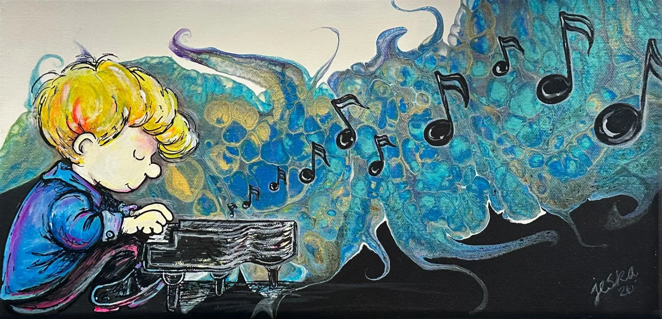 Jeska Forsyth, Sweet Tunes, acrylic on canvas over pour paint, 8" x 16" $300