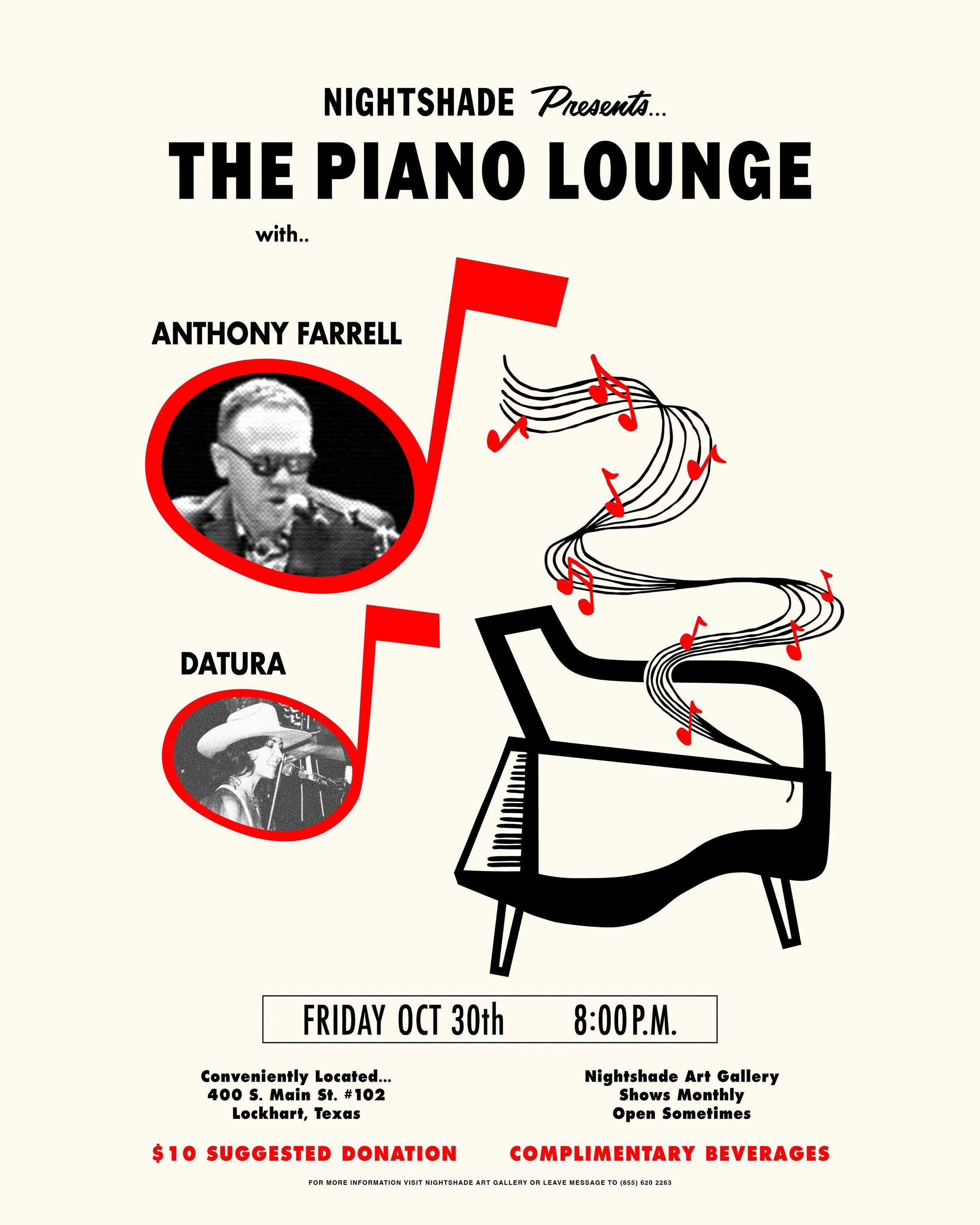 Ooooooo baby this is gonna be a good one. 

Nightshade Gallery welcomes Anthony Farrell of The Greyhounds (@greyhoundsmusic) to the grand piano for a very special edition of our monthly Piano Lounge.

Friday, October 30 🌙 
8pm
Mark those calendars n