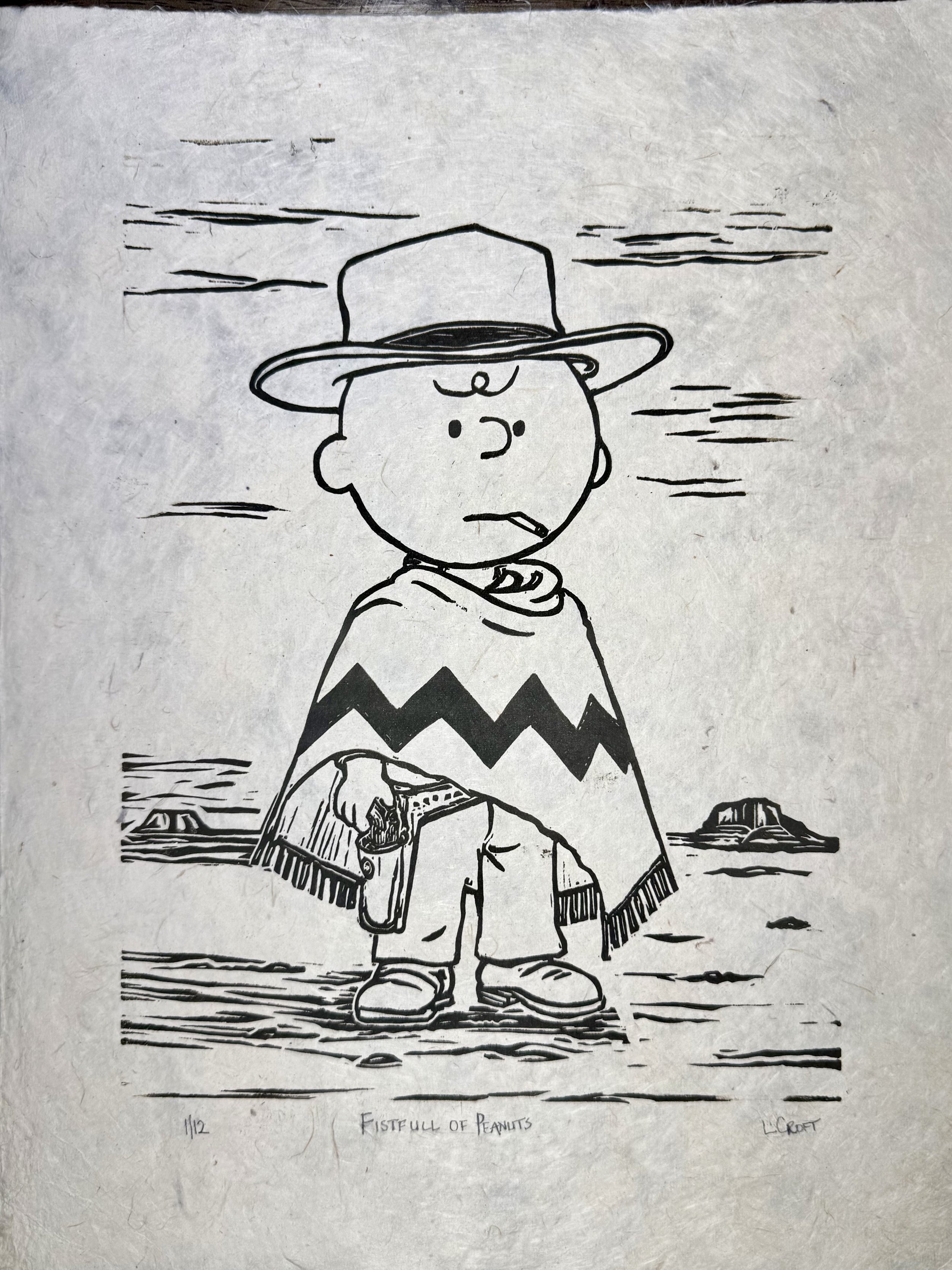 🔴 (SOLD) Leighanne Croft, Fistful of Peanuts, linocut on lotka paper	16"x12" $ 195.00 