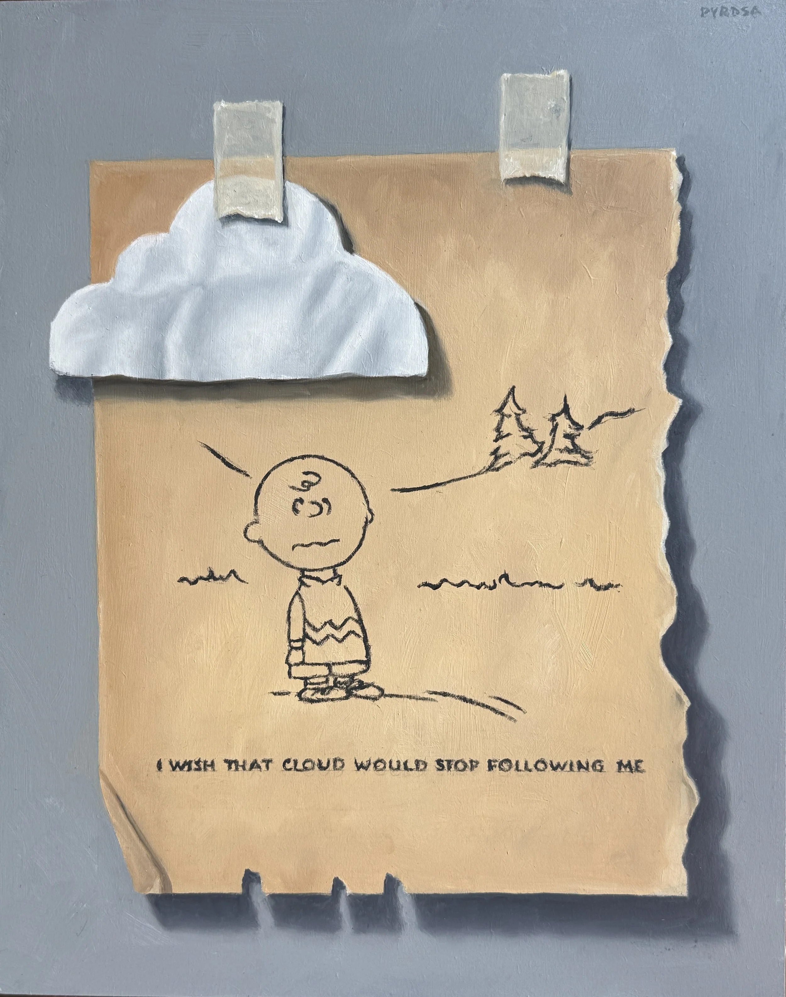 Michael Pyrdsa, "I Wish That Cloud Would Stop Following Me", Oil on Panel	14"x11" $ 1200.00