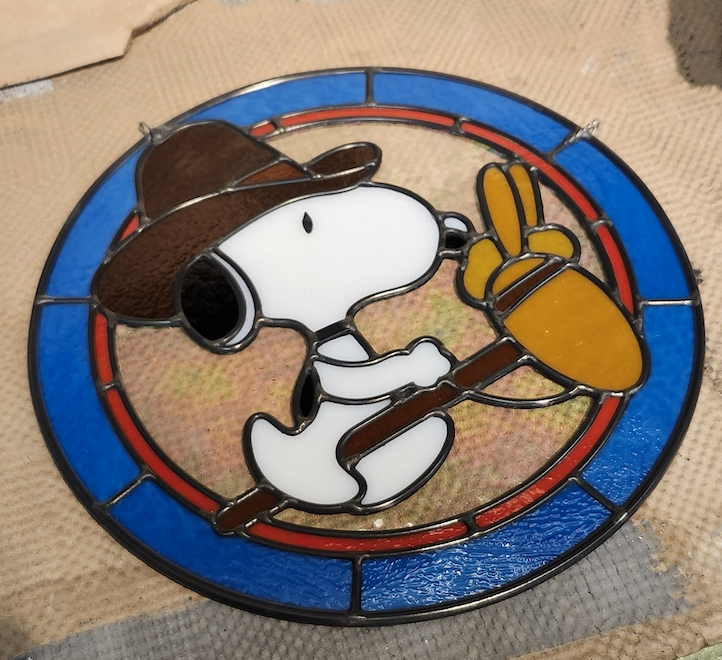 Deke Cameron, Stick Horse Snoopy, Leaded Stained Glass 12" diameter $800.00 