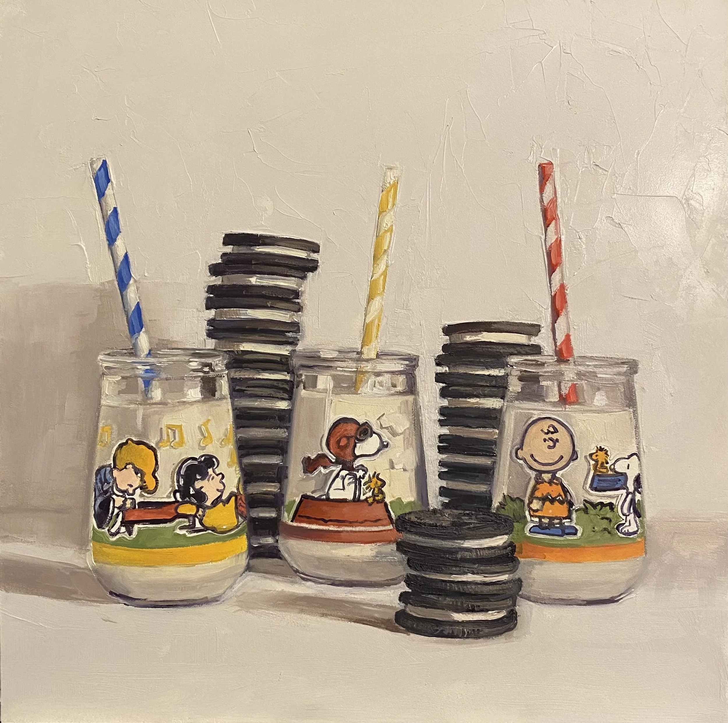 Diane Olean, Cookies and Milk, Peanuts Style, Oil Paint 12" x  12" $ 675.00 