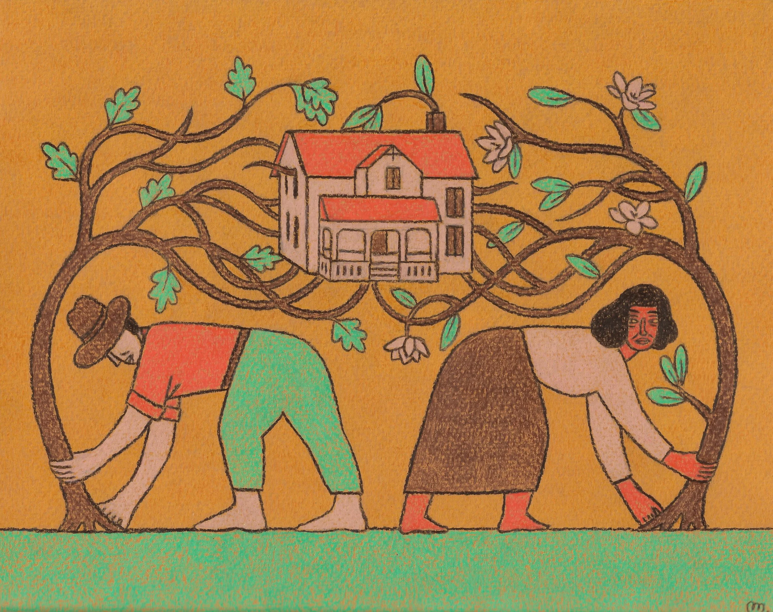 SOLD - MAUREEN FLORES "TYING KNOTS IN WOODWORK" - COLORED PENCIL - 8"X10" - $160