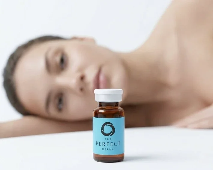 A woman lying down with her head turned to the side, looking at a bottle labeled "The Perfect Derma" placed on a white surface in front of her.