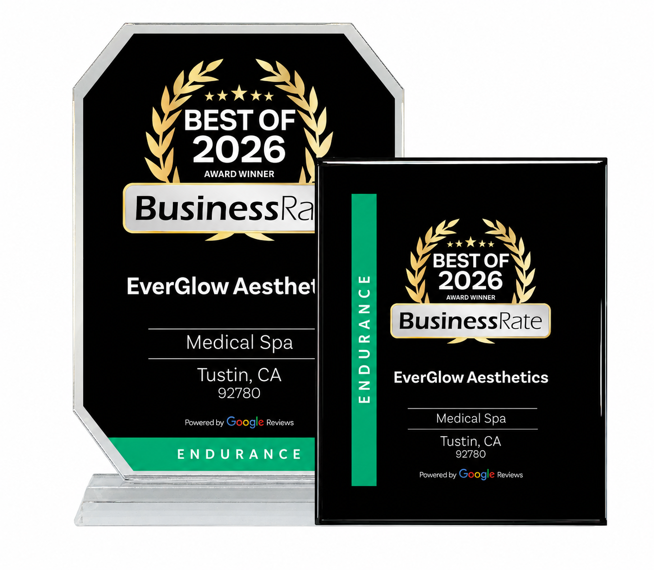 An award trophy and a plaque for EverGlow Aesthetics, a medical spa in Tustin, California, recognized as the best of 2026 by BusinessRate and BusinessRate. The award plaque is black with gold and white text, showing a laurel wreath and the words 'Best of 2026', and includes the Google Reviews logo.