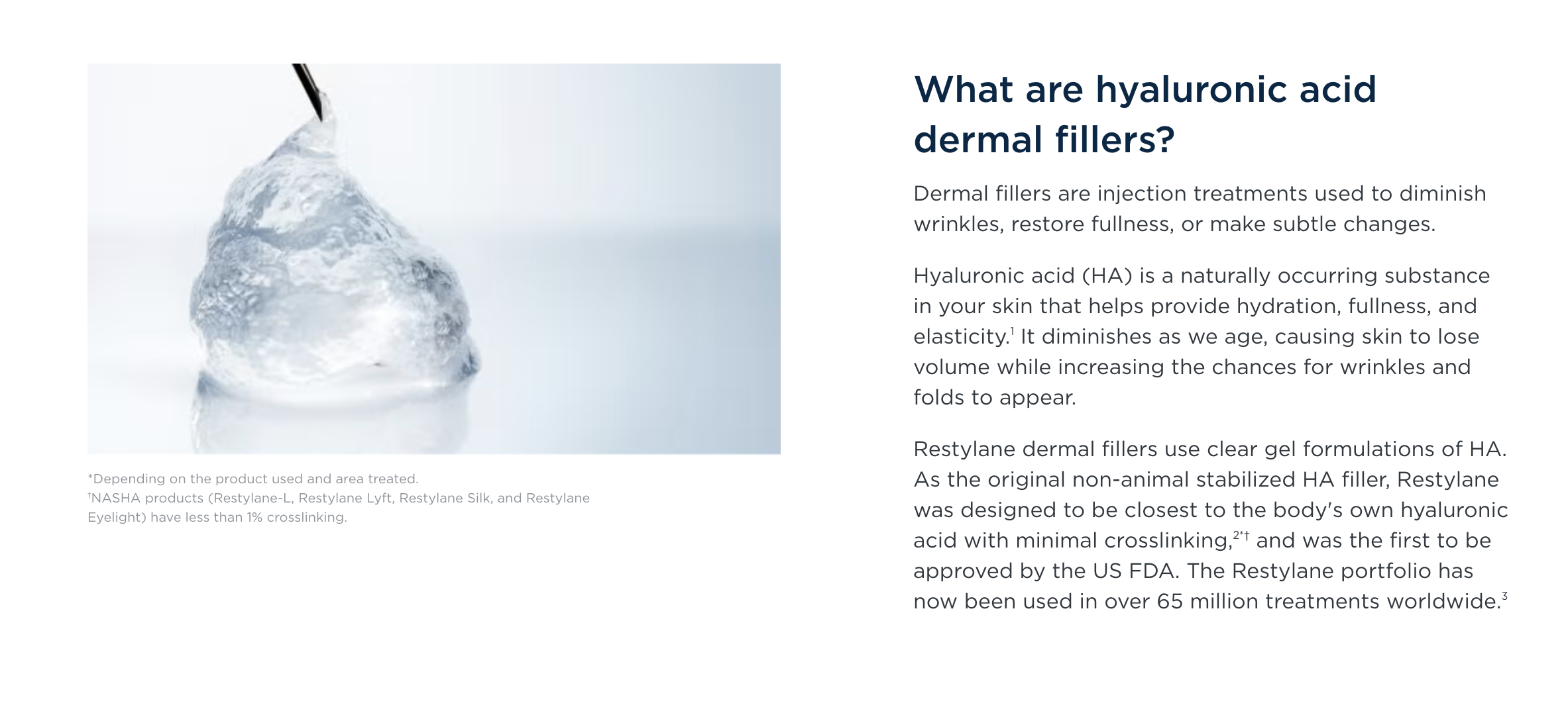 Close-up of clear hyaluronic acid gel illustrating how dermal fillers help restore facial volume, smooth wrinkles, and enhance contours.