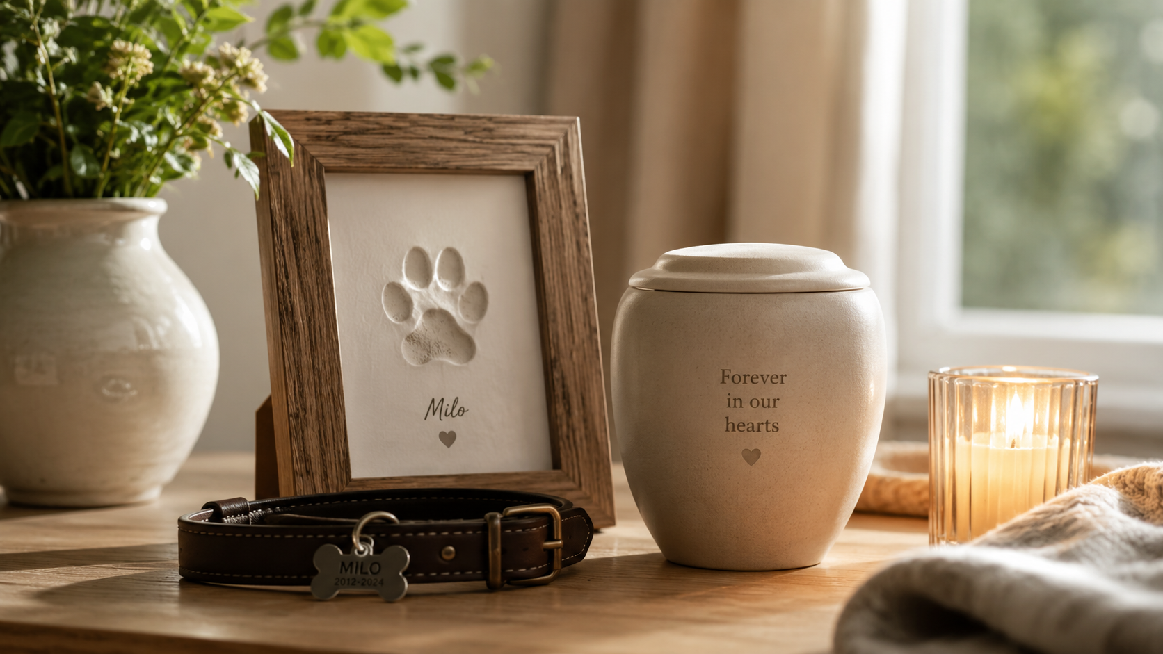 Pet memorial keepsakes displayed on a shelf in a home setting