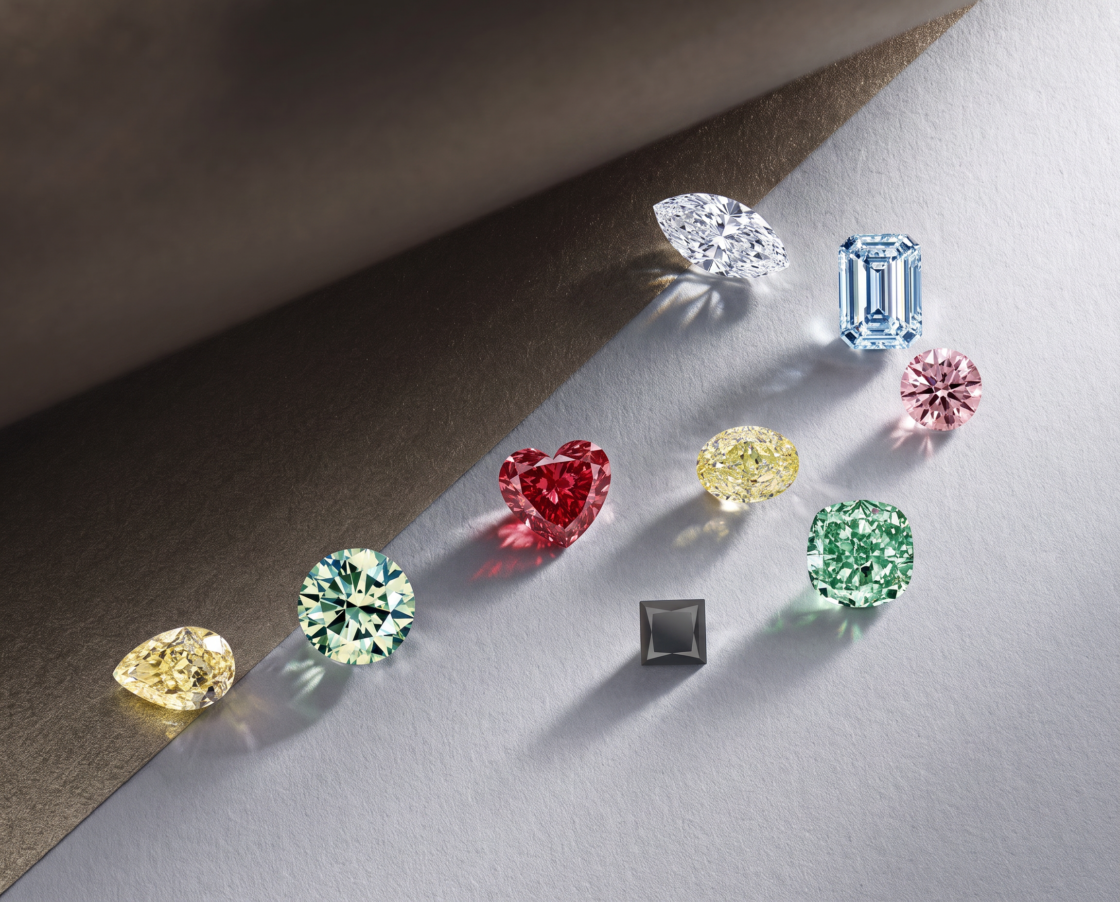 EverDear memorial diamonds in all seven colors and a variety of cuts, from a colorless marquise and blue emerald cut to a red heart and black princess cut